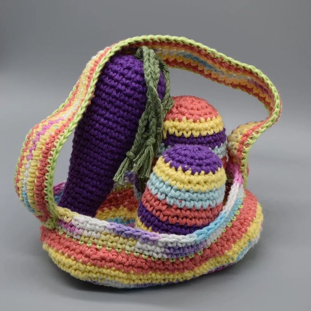 Hand Crafted Crochet Kitty Cat Easter Basket With Catnip Eggs and Carrot Toys